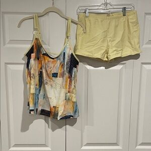 Abstract Print Tank Top and Yellow Swim tankini